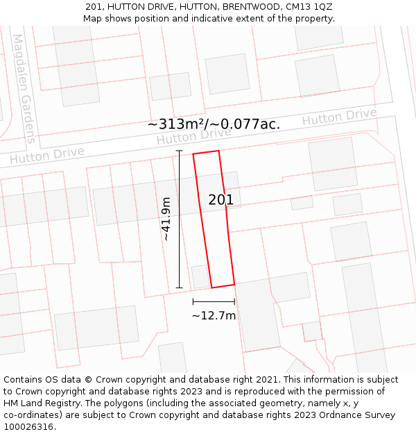 201, HUTTON DRIVE, HUTTON, BRENTWOOD, CM13 1QZ: Plot and title map