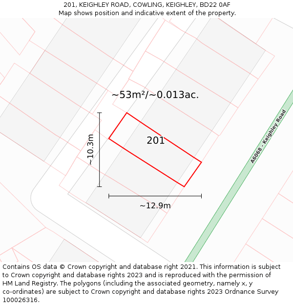 201, KEIGHLEY ROAD, COWLING, KEIGHLEY, BD22 0AF: Plot and title map