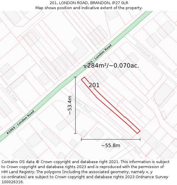 201, LONDON ROAD, BRANDON, IP27 0LR: Plot and title map
