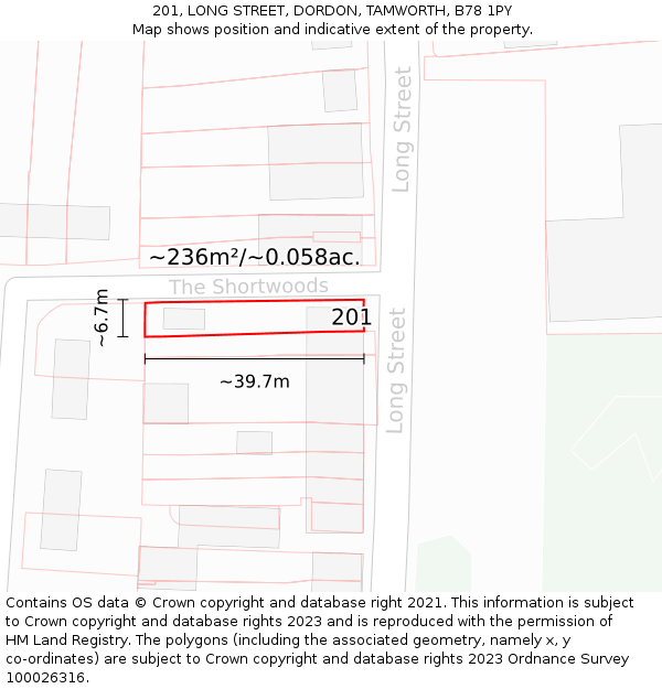 201, LONG STREET, DORDON, TAMWORTH, B78 1PY: Plot and title map