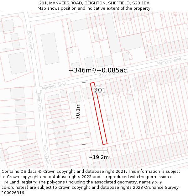 201, MANVERS ROAD, BEIGHTON, SHEFFIELD, S20 1BA: Plot and title map
