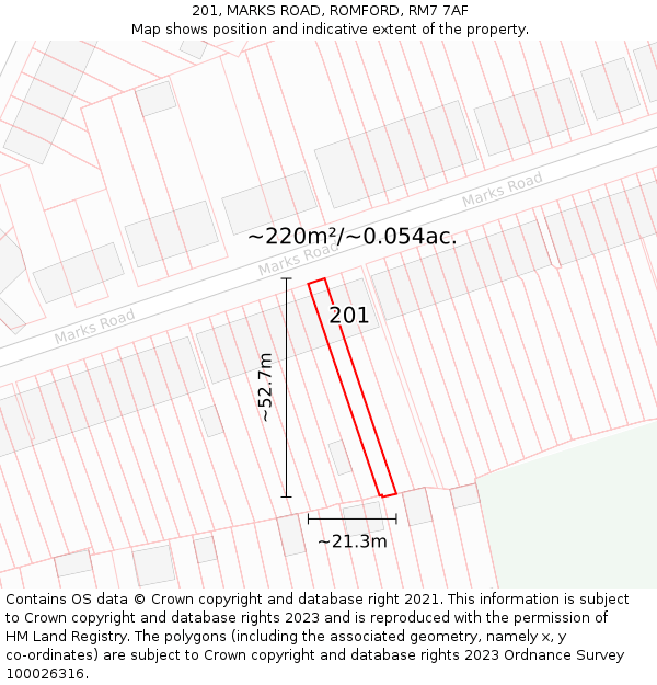201, MARKS ROAD, ROMFORD, RM7 7AF: Plot and title map