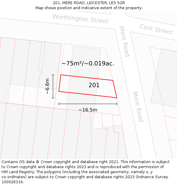 201, MERE ROAD, LEICESTER, LE5 5GR: Plot and title map