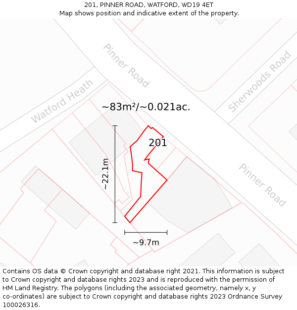 201, PINNER ROAD, WATFORD, WD19 4ET: Plot and title map