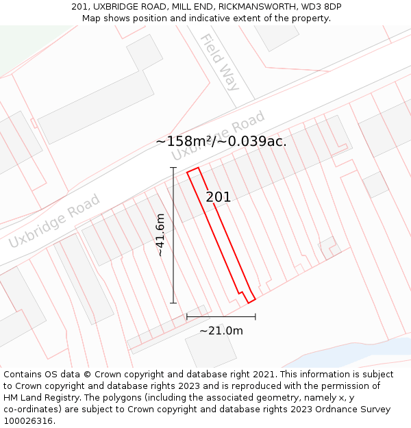 201, UXBRIDGE ROAD, MILL END, RICKMANSWORTH, WD3 8DP: Plot and title map