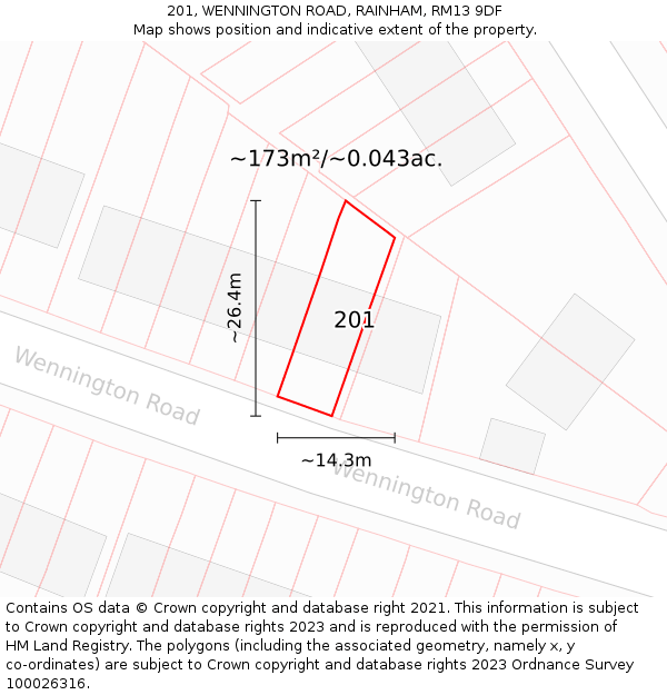 201, WENNINGTON ROAD, RAINHAM, RM13 9DF: Plot and title map