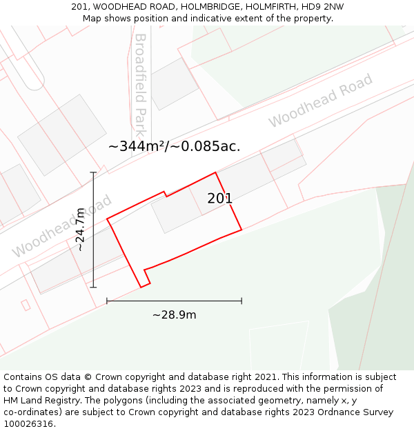 201, WOODHEAD ROAD, HOLMBRIDGE, HOLMFIRTH, HD9 2NW: Plot and title map