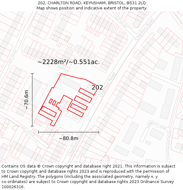 202, CHARLTON ROAD, KEYNSHAM, BRISTOL, BS31 2LQ: Plot and title map