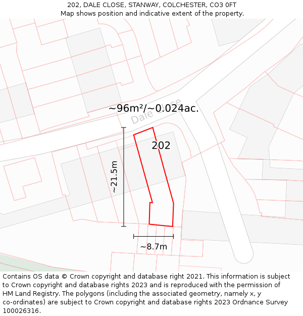 202, DALE CLOSE, STANWAY, COLCHESTER, CO3 0FT: Plot and title map