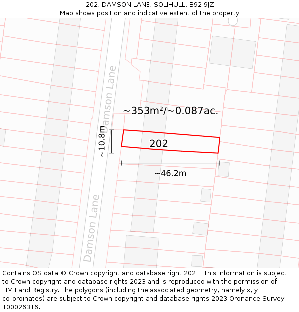 202, DAMSON LANE, SOLIHULL, B92 9JZ: Plot and title map
