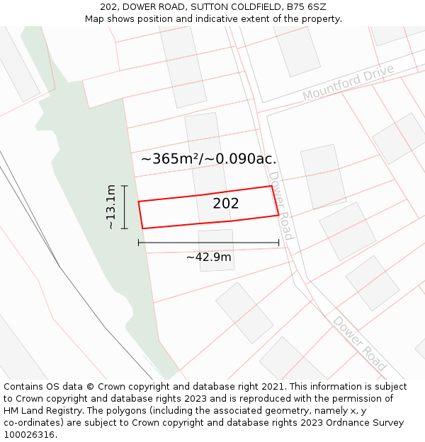 202, DOWER ROAD, SUTTON COLDFIELD, B75 6SZ: Plot and title map