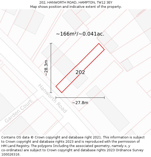 202, HANWORTH ROAD, HAMPTON, TW12 3EY: Plot and title map