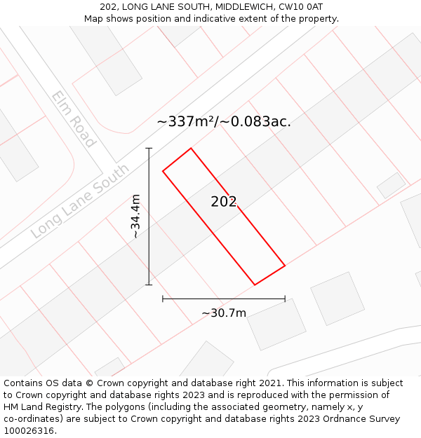 202, LONG LANE SOUTH, MIDDLEWICH, CW10 0AT: Plot and title map