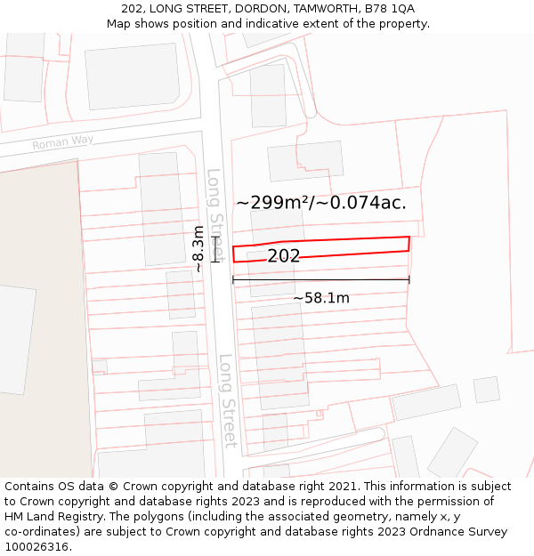 202, LONG STREET, DORDON, TAMWORTH, B78 1QA: Plot and title map