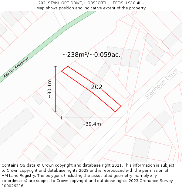 202, STANHOPE DRIVE, HORSFORTH, LEEDS, LS18 4LU: Plot and title map