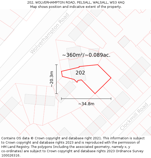 202, WOLVERHAMPTON ROAD, PELSALL, WALSALL, WS3 4AQ: Plot and title map