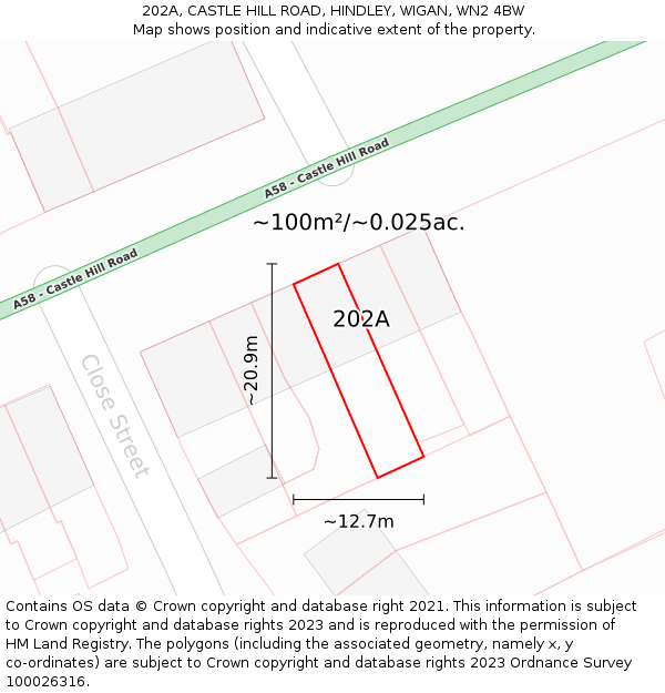 202A, CASTLE HILL ROAD, HINDLEY, WIGAN, WN2 4BW: Plot and title map