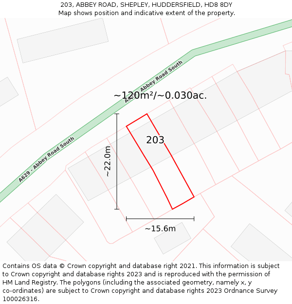 203, ABBEY ROAD, SHEPLEY, HUDDERSFIELD, HD8 8DY: Plot and title map