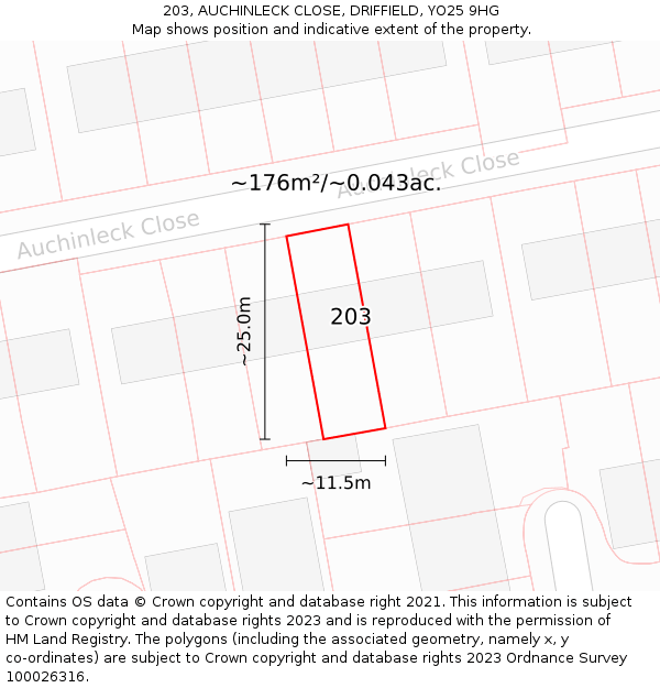 203, AUCHINLECK CLOSE, DRIFFIELD, YO25 9HG: Plot and title map