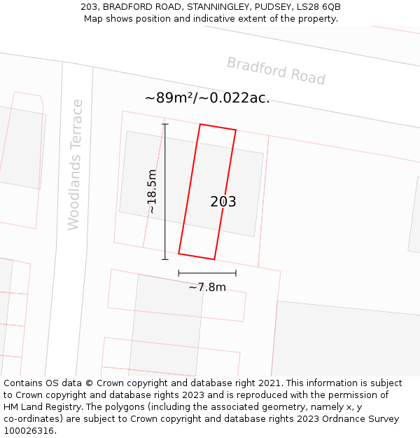 203, BRADFORD ROAD, STANNINGLEY, PUDSEY, LS28 6QB: Plot and title map