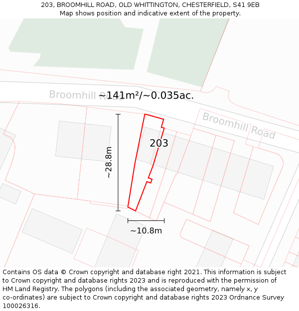 203, BROOMHILL ROAD, OLD WHITTINGTON, CHESTERFIELD, S41 9EB: Plot and title map