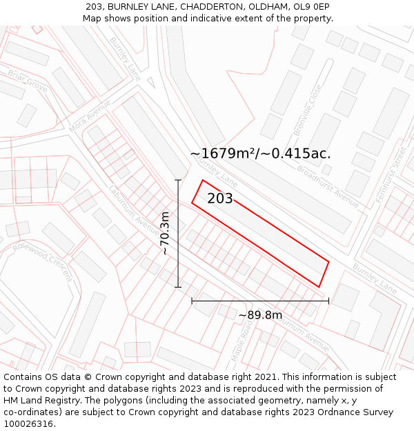203, BURNLEY LANE, CHADDERTON, OLDHAM, OL9 0EP: Plot and title map