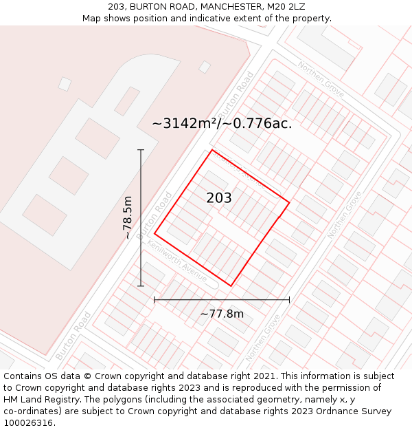 203, BURTON ROAD, MANCHESTER, M20 2LZ: Plot and title map