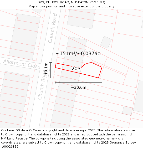203, CHURCH ROAD, NUNEATON, CV10 8LQ: Plot and title map