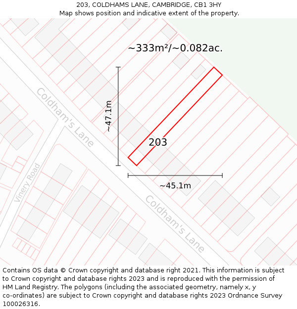 203, COLDHAMS LANE, CAMBRIDGE, CB1 3HY: Plot and title map