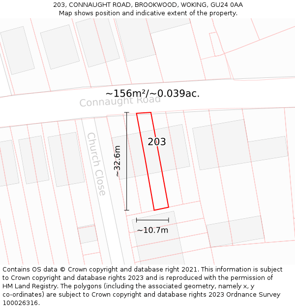 203, CONNAUGHT ROAD, BROOKWOOD, WOKING, GU24 0AA: Plot and title map