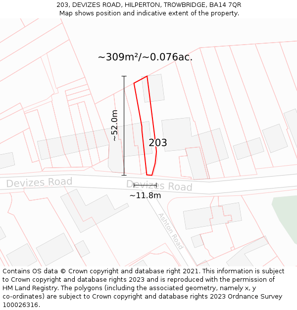 203, DEVIZES ROAD, HILPERTON, TROWBRIDGE, BA14 7QR: Plot and title map