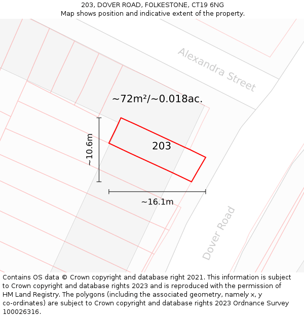 203, DOVER ROAD, FOLKESTONE, CT19 6NG: Plot and title map