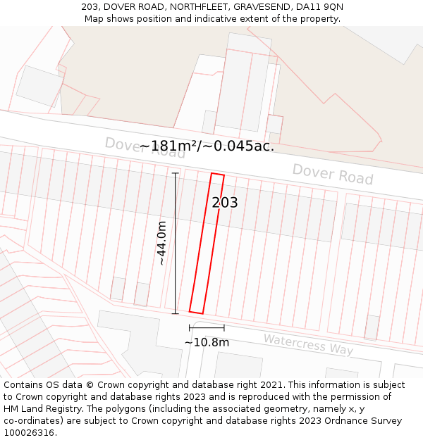 203, DOVER ROAD, NORTHFLEET, GRAVESEND, DA11 9QN: Plot and title map