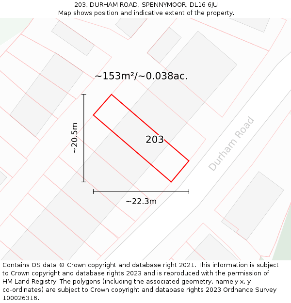 203, DURHAM ROAD, SPENNYMOOR, DL16 6JU: Plot and title map