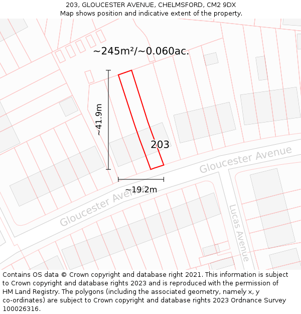 203, GLOUCESTER AVENUE, CHELMSFORD, CM2 9DX: Plot and title map