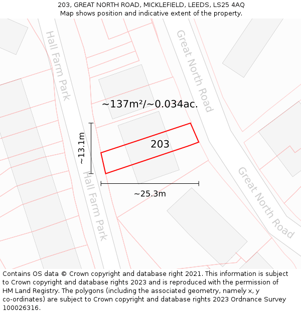 203, GREAT NORTH ROAD, MICKLEFIELD, LEEDS, LS25 4AQ: Plot and title map