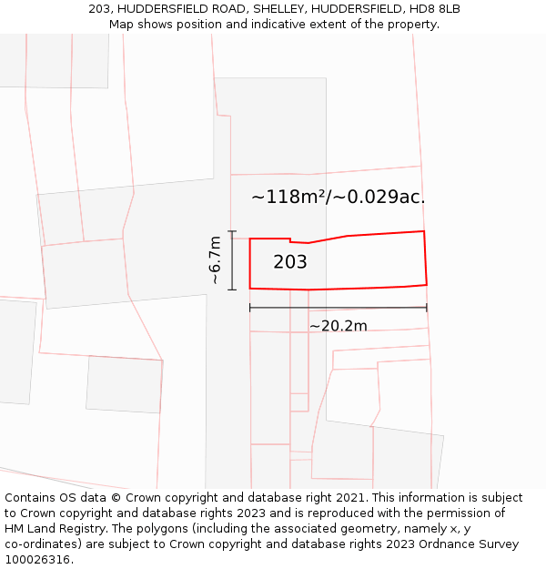 203, HUDDERSFIELD ROAD, SHELLEY, HUDDERSFIELD, HD8 8LB: Plot and title map