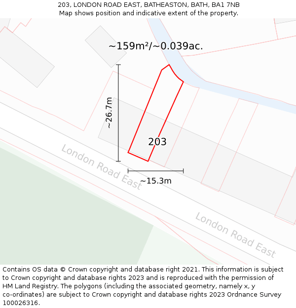 203, LONDON ROAD EAST, BATHEASTON, BATH, BA1 7NB: Plot and title map