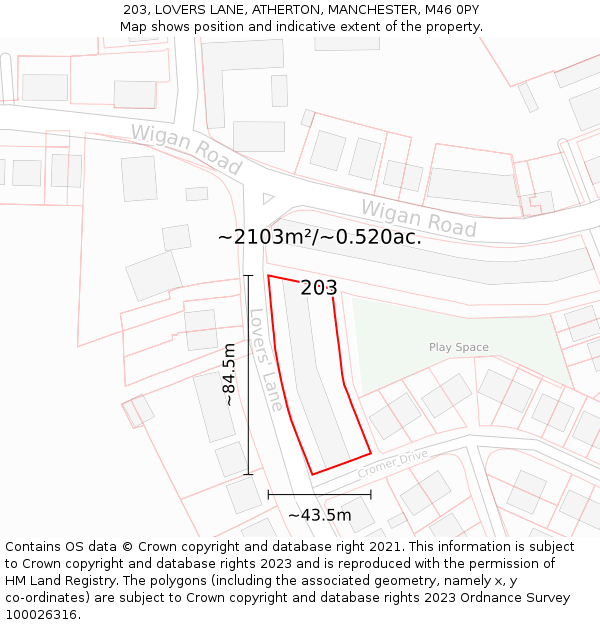 203, LOVERS LANE, ATHERTON, MANCHESTER, M46 0PY: Plot and title map