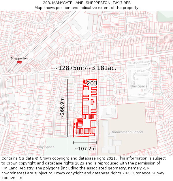 203, MANYGATE LANE, SHEPPERTON, TW17 9ER: Plot and title map