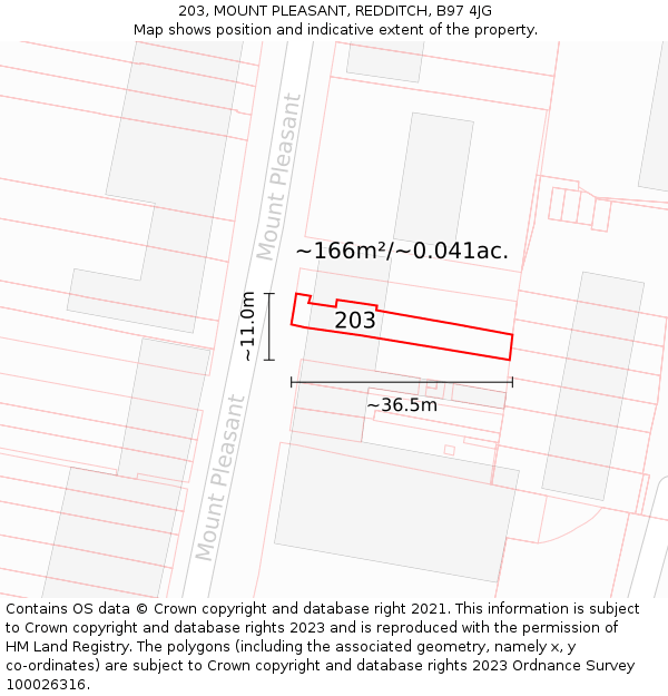 203, MOUNT PLEASANT, REDDITCH, B97 4JG: Plot and title map