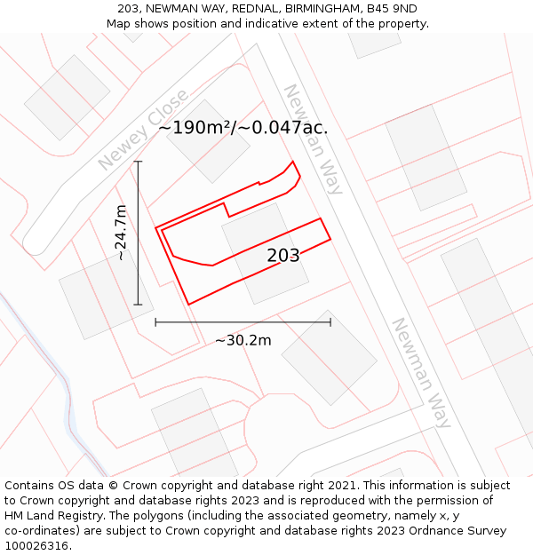 203, NEWMAN WAY, REDNAL, BIRMINGHAM, B45 9ND: Plot and title map