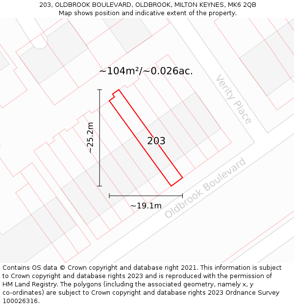 203, OLDBROOK BOULEVARD, OLDBROOK, MILTON KEYNES, MK6 2QB: Plot and title map