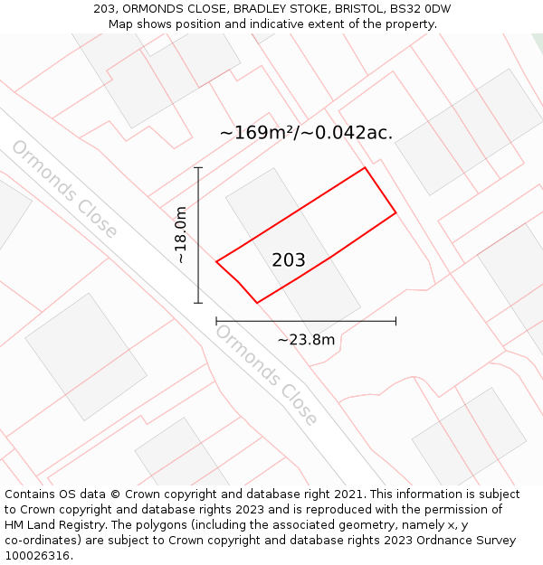 203, ORMONDS CLOSE, BRADLEY STOKE, BRISTOL, BS32 0DW: Plot and title map