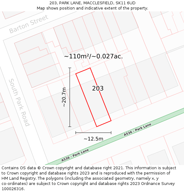 203, PARK LANE, MACCLESFIELD, SK11 6UD: Plot and title map