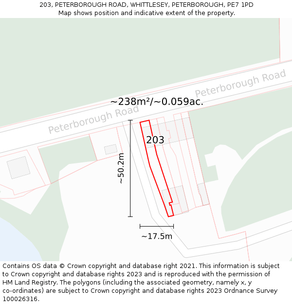 203, PETERBOROUGH ROAD, WHITTLESEY, PETERBOROUGH, PE7 1PD: Plot and title map