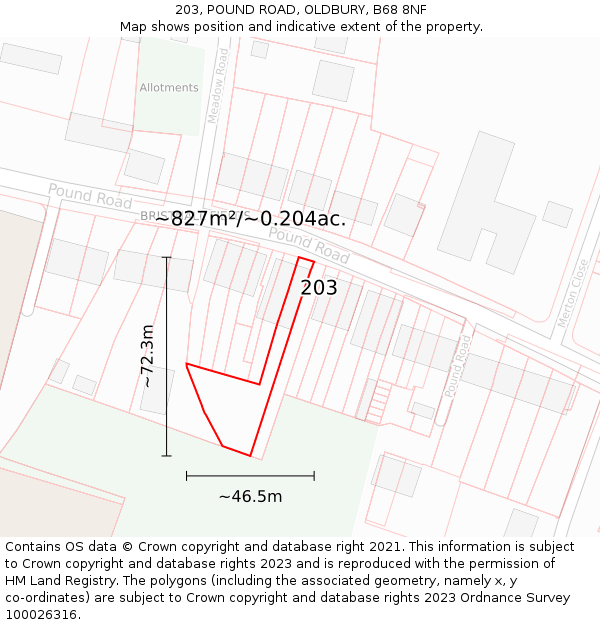 203, POUND ROAD, OLDBURY, B68 8NF: Plot and title map