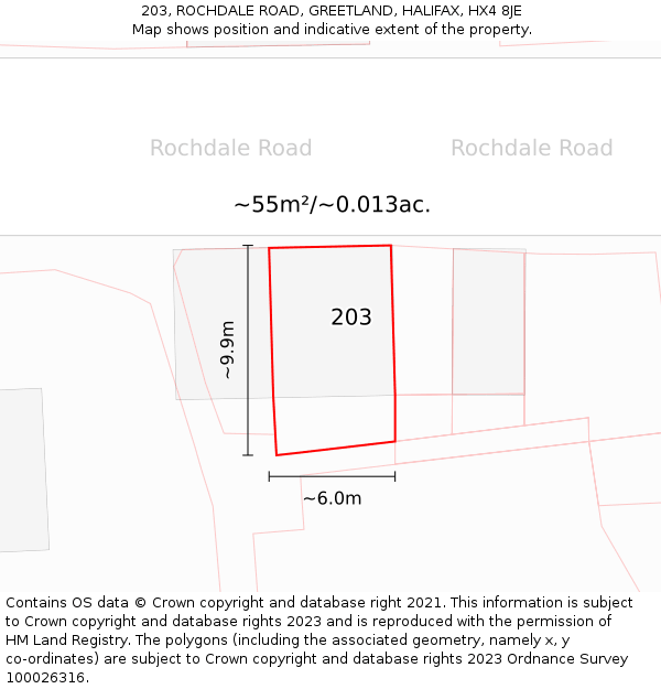 203, ROCHDALE ROAD, GREETLAND, HALIFAX, HX4 8JE: Plot and title map