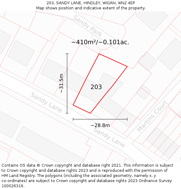 203, SANDY LANE, HINDLEY, WIGAN, WN2 4EP: Plot and title map