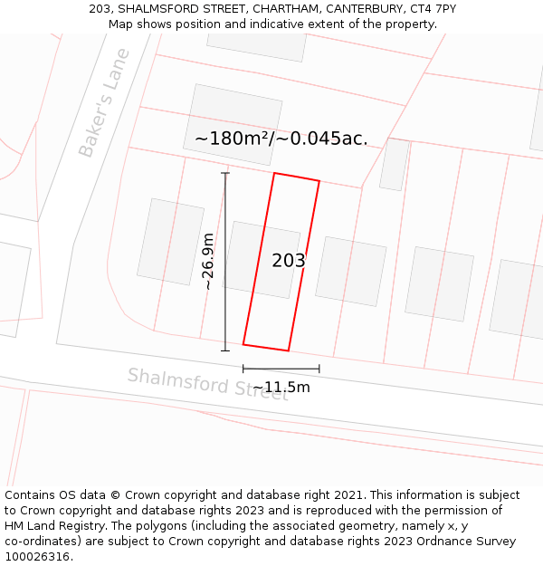203, SHALMSFORD STREET, CHARTHAM, CANTERBURY, CT4 7PY: Plot and title map